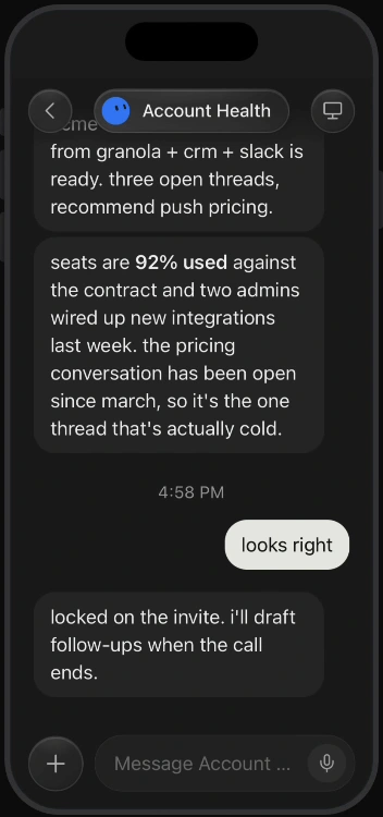 Grok Bot Account Health demo: account signals and a user confirming the next step