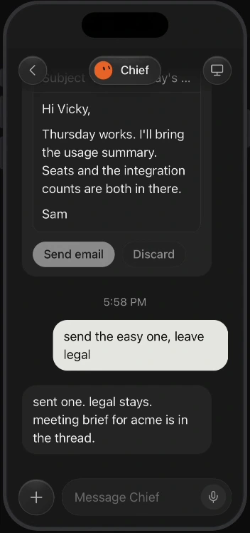 Grok Bot Chief of Staff demo: a prepared reply and a user choosing which message to send