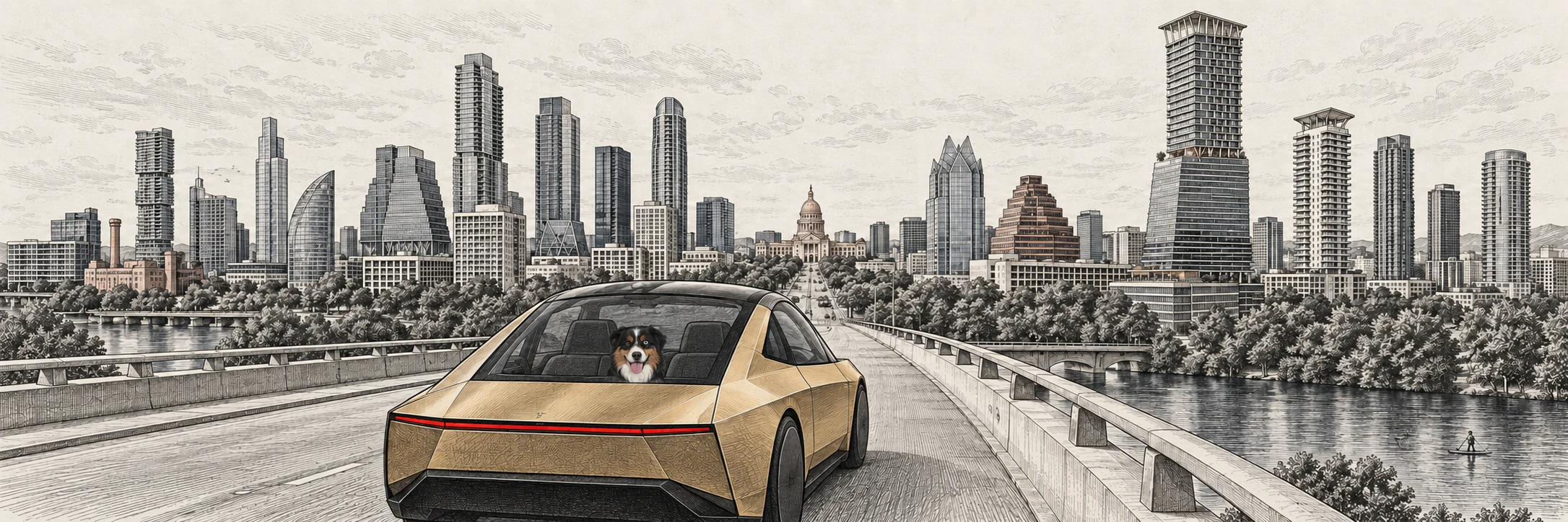 Chloe riding in a golden autonomous Cybercab on Congress Avenue Bridge, with downtown Austin behind her.