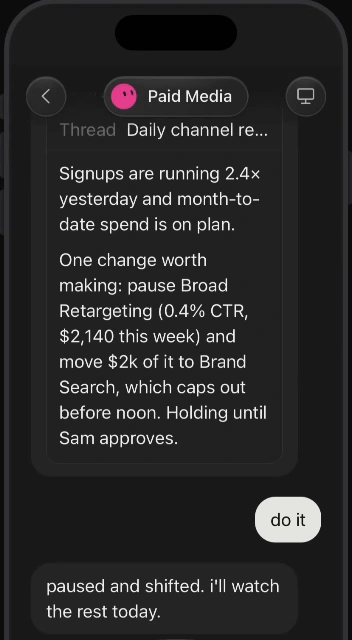 Grok Bot Paid Media demo: a proposed campaign budget change waiting for the user's approval